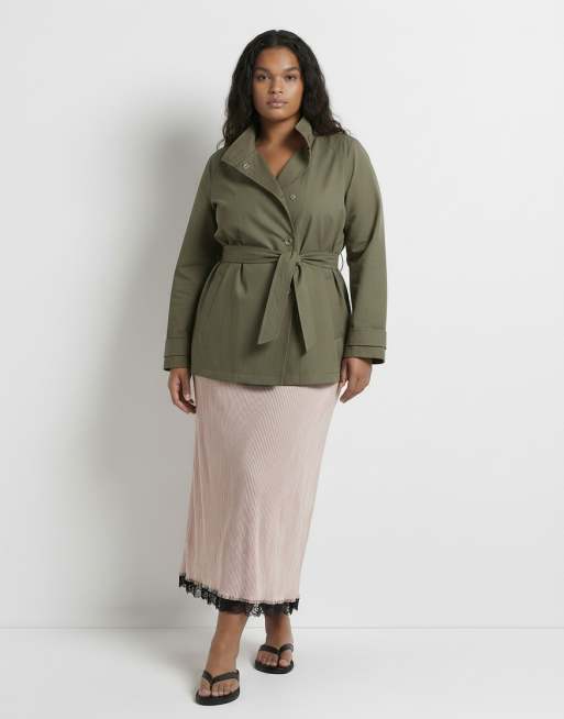 ASOS DESIGN Curve funnel neck tie belt trench coat in Khaki, 9 of 11