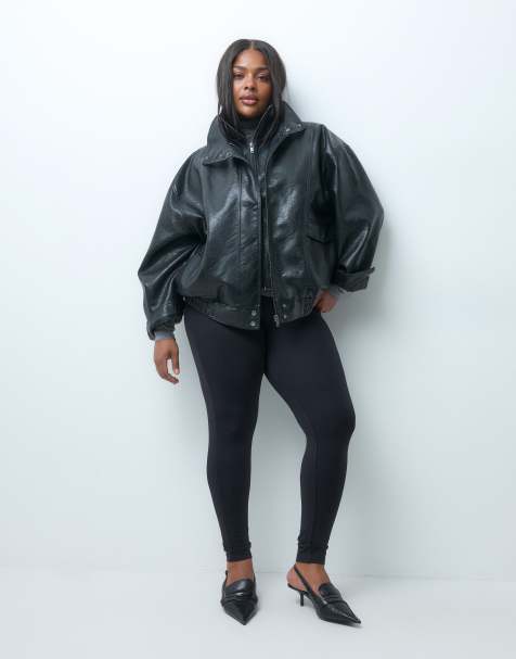 ASOS DESIGN Curve funnel oversized leather look bomber in black - view 1