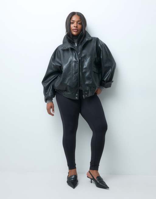 ASOS DESIGN Curve funnel oversized leather look bomber in black | ASOS