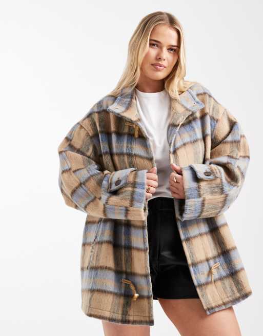 ASOS DESIGN Curve funnel wool blend car coat with toggles in heritage check