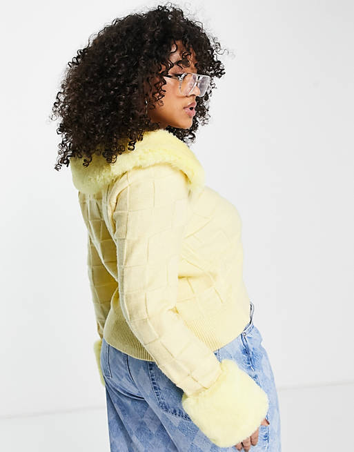  Curve fur trim cardigan with checkerboard stitch in yellow 
