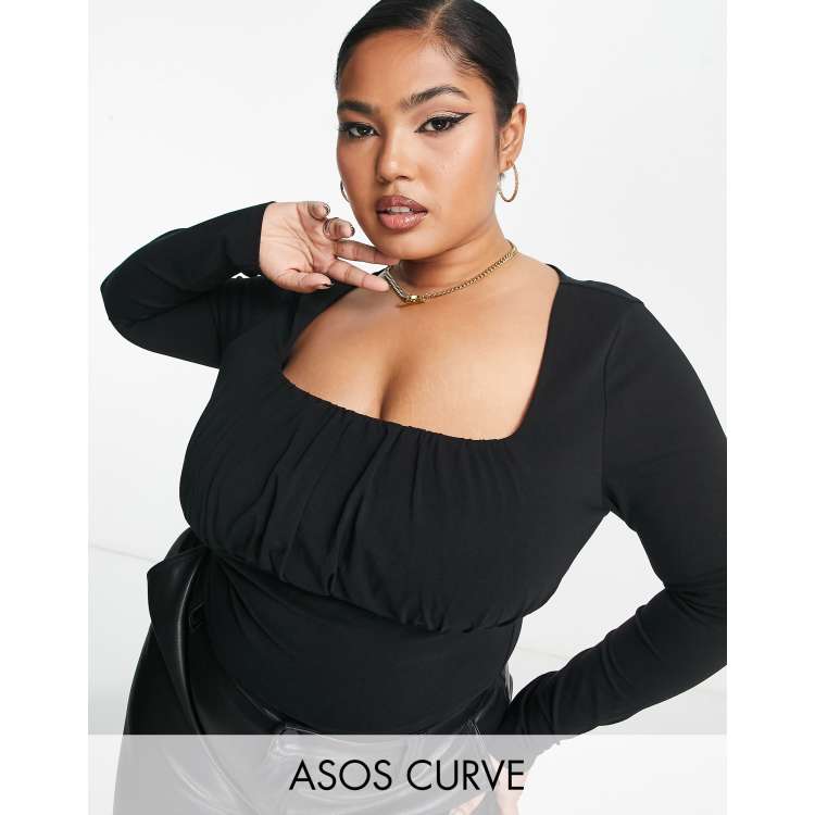 ASOS DESIGN Curve gathered bust detail long sleeve top in black