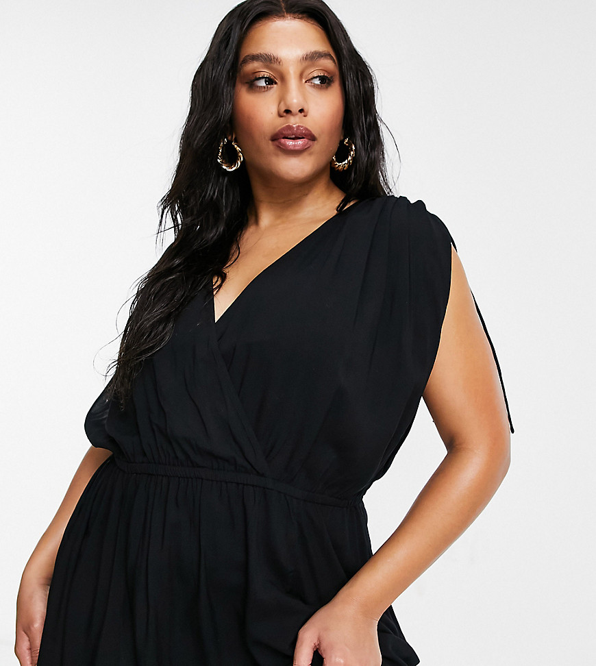 Plus-size dress by ASOS DESIGN Serious add-to-bag potential V-neck Sleeveless style with gathered detail Dropped armholes Wrap front Thigh-high splits Regular fit True to size