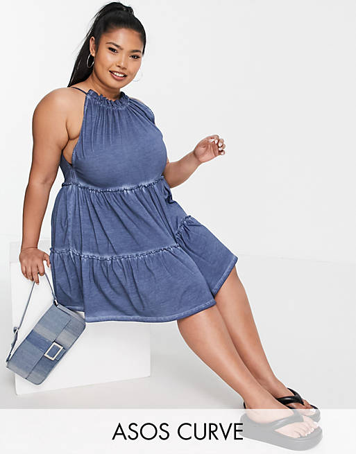ASOS DESIGN Curve gathered neck tiered mini in blue acid wash