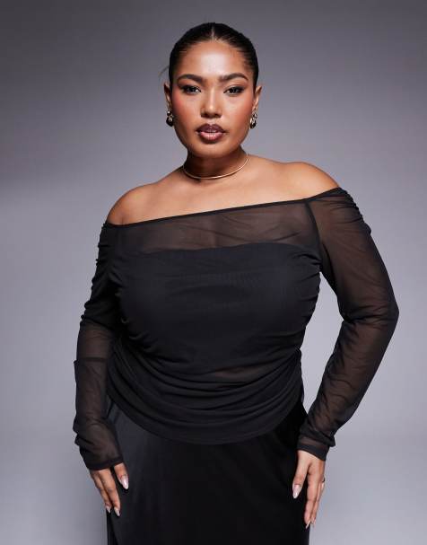 ASOS DESIGN Curve gathered off the shoulder mesh top in black - view 1