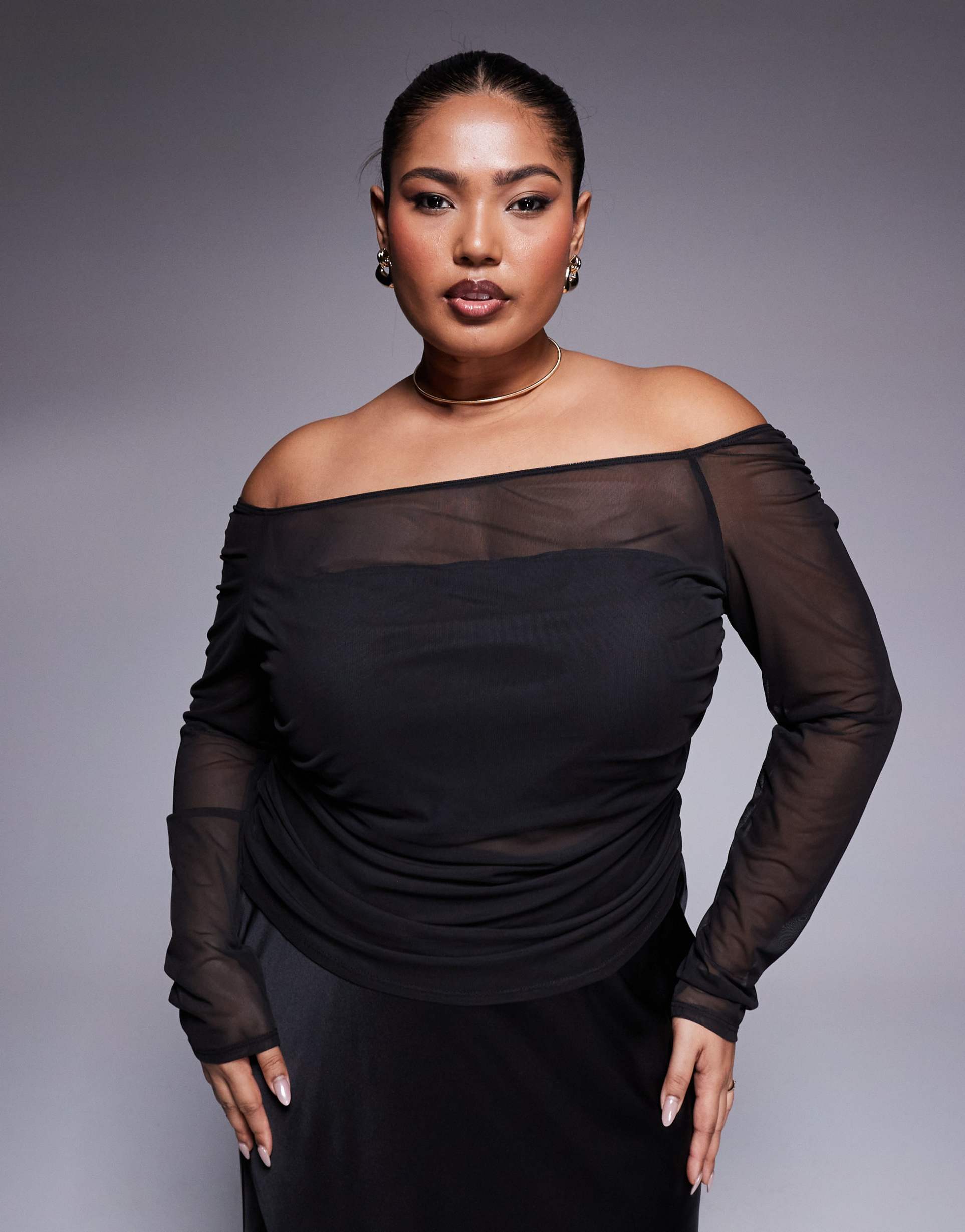 asos design curve gathered off the shoulder mesh top in black