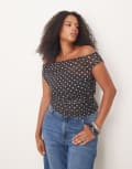 [ASOS Curve] ASOS DESIGN Curve gathered short sleeve off shoulder mesh top in black polka dot-Multi XL Black polka dot