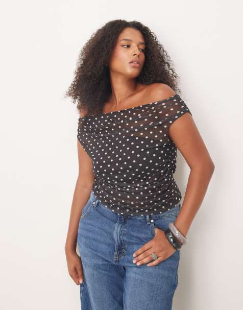 ASOS DESIGN Curve gathered short sleeve off the shoulder mesh top in black polka dots - view 1