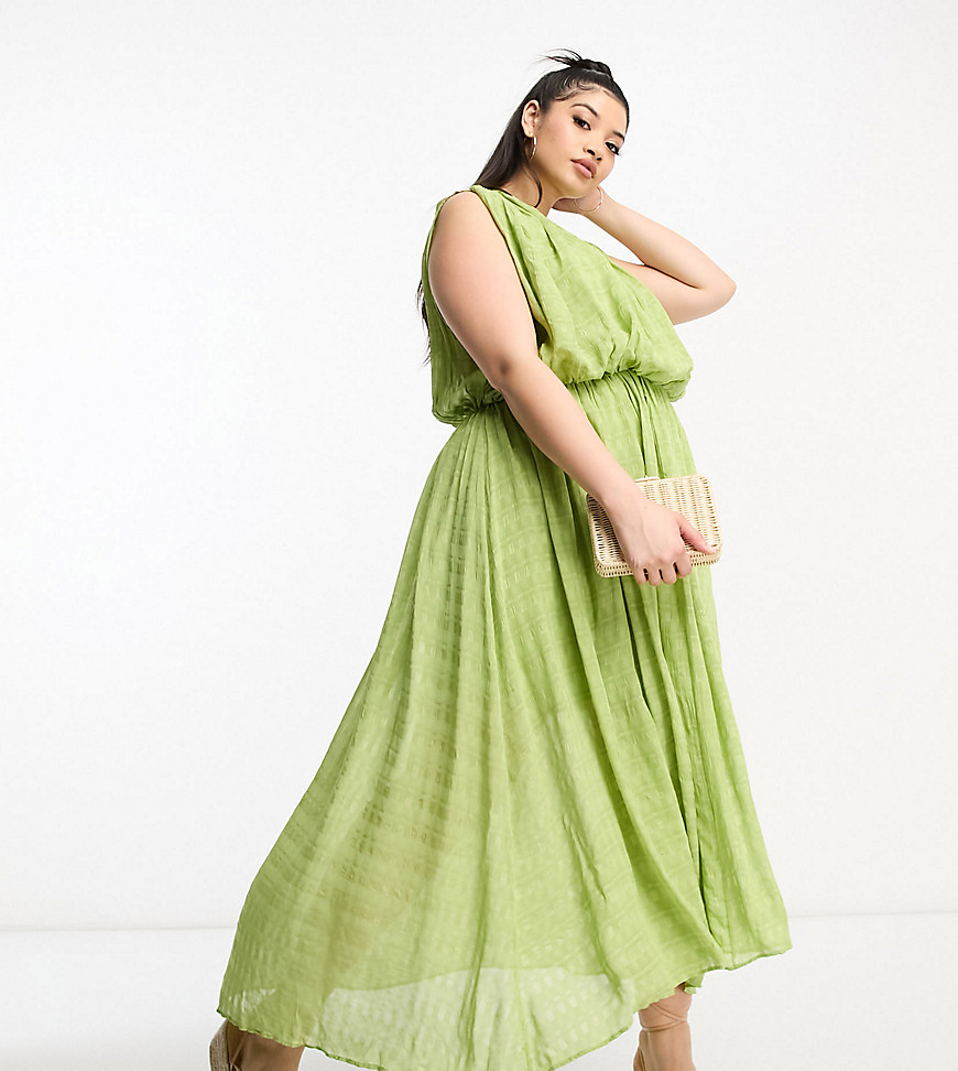 Asos Curve Asos Design Curve Gathered Textured High Low Midi Dress In Pistachio-green