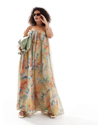 Asos Curve Asos Design Curve Gathered Waist Detail Maxi Slip Dress In Blur Print-multi
