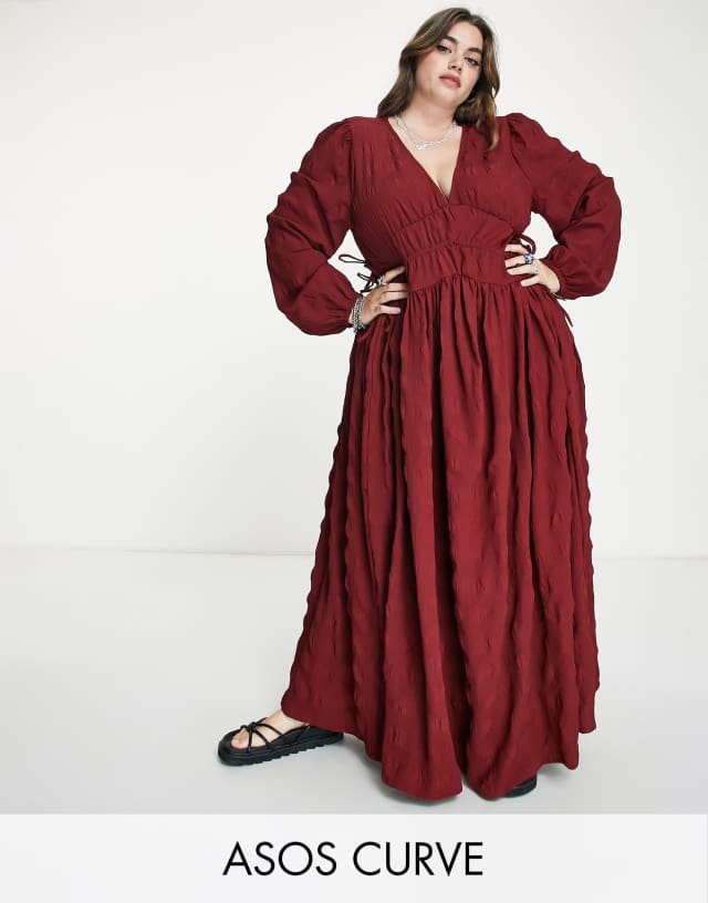 ASOS DESIGN Curve gathered waist maxi dress in seersucker in burnt rust