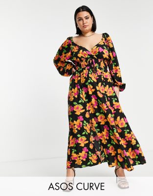 ASOS DESIGN Curve gathered waist maxi tea dress in floral print-Multi