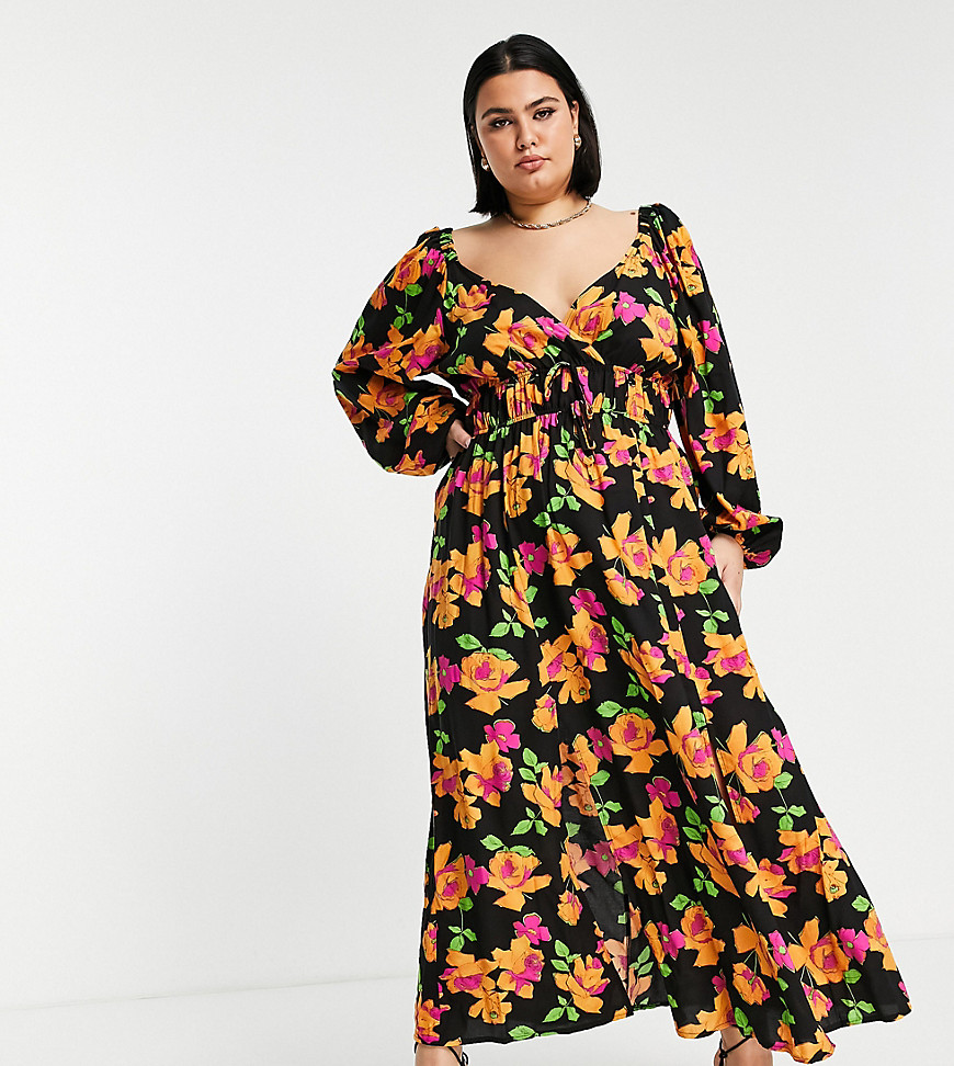 ASOS DESIGN Curve gathered waist maxi tea dress in floral print-Multi