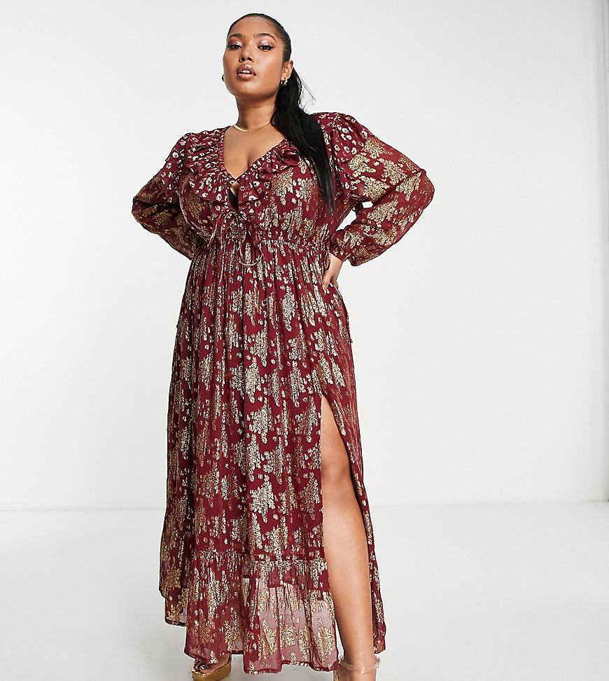 ASOS DESIGN Curve gathered waist metallic maxi dress with frills in burgundy-Multi