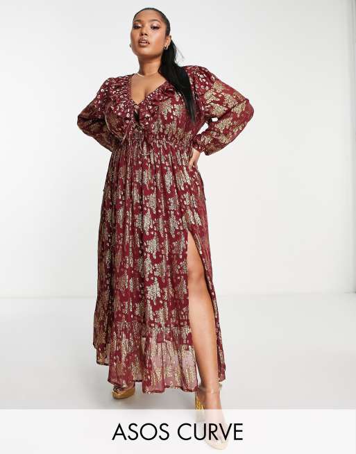 ASOS DESIGN Curve gathered waist metallic maxi dress with frills in burgundy ASOS