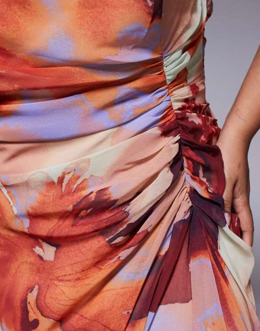 ASOS DESIGN Curve gathered waist ruffle maxi dress with open back in abstract print , 3 of 4
