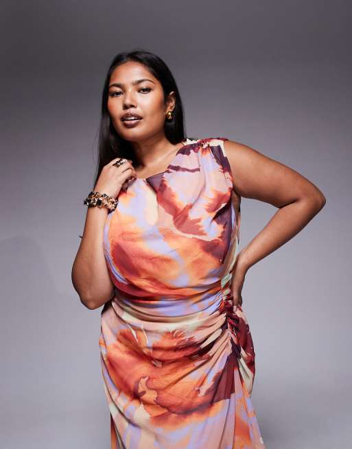 ASOS DESIGN Curve gathered waist ruffle maxi dress with open back in abstract print 