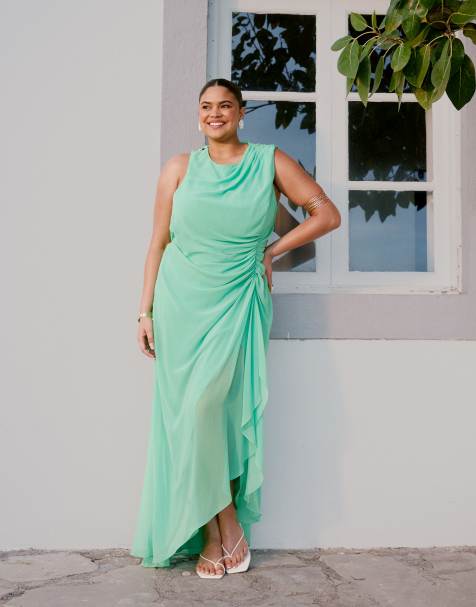 ASOS DESIGN Curve gathered waist ruffle maxi dress with open back in apple green - view 1