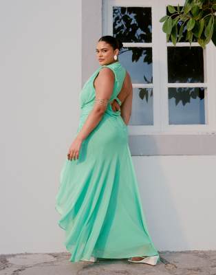 Asos Curve Asos Design Curve Gathered Waist Ruffle Maxi Dress With Open Back