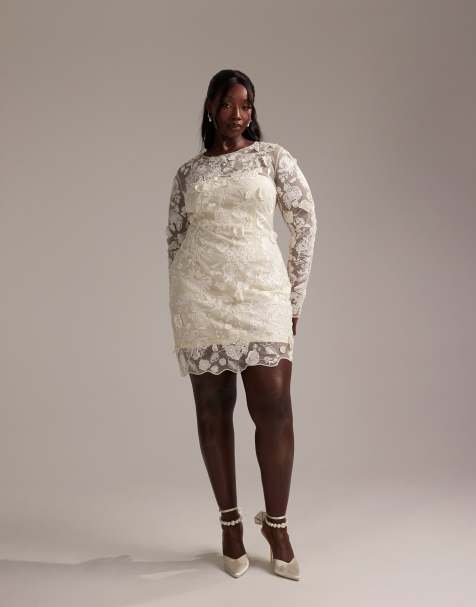 ASOS DESIGN Curve - Geborduurde mini-trouwjurk met lange mouwen in crème - view 1