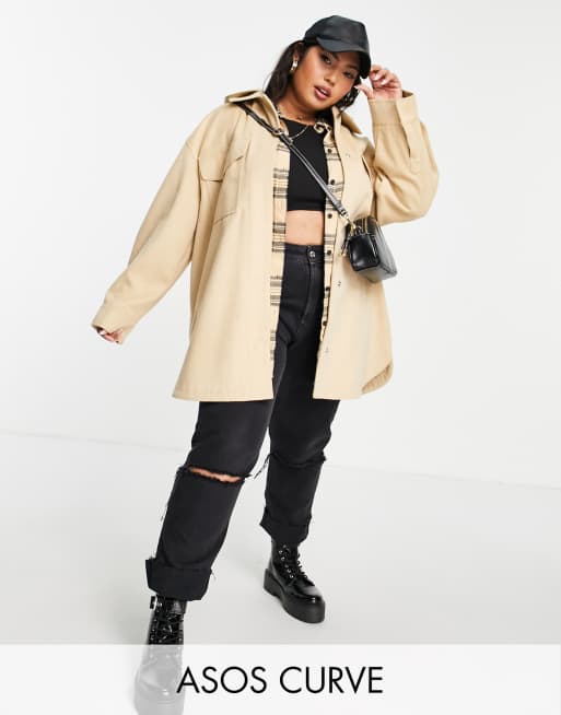 ASOS DESIGN Curve- Geborsteld shacket met capuchon in camel