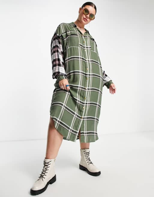 ASOS DESIGN Curve - Geborstelde midi overhemdjurk met gemengde ruit