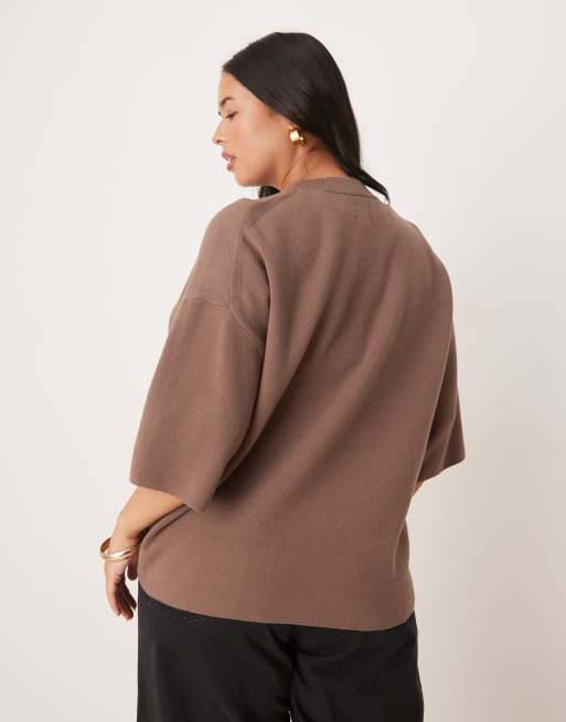 ASOS DESIGN Curve - Gebreid oversized T-shirt met structuur in mokka, 2 van 4