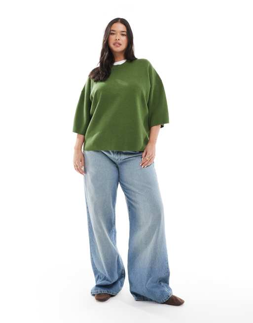 ASOS DESIGN Curve - Gebreid oversized T-shirt met structuur in olijfgroen, 3 van 4