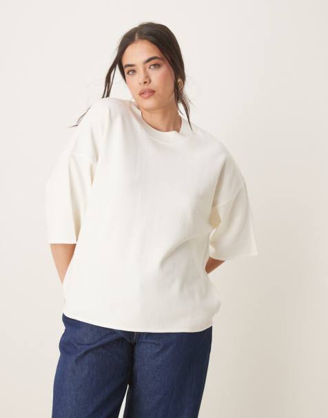ASOS DESIGN Curve - Gebreid T-shirt met structuur in crème - view 1