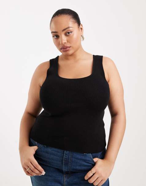 ASOS DESIGN Curve - Gebreide cami van katoenmix met lage ronde hals in zwart - view 1