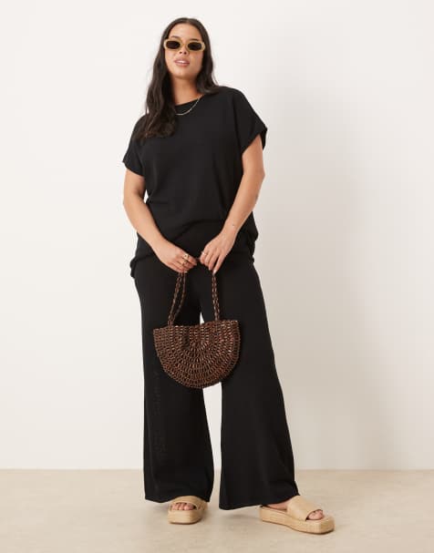 ASOS DESIGN Curve - Gebreide co-ord set met T-shirt en broek in zwart - view 1