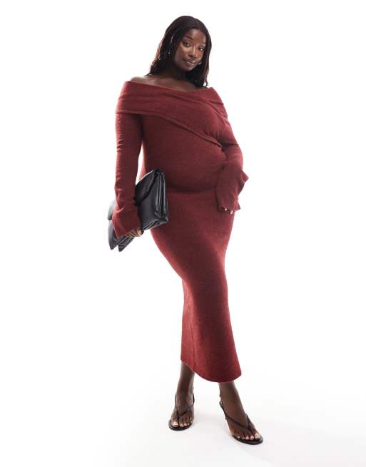 ASOS DESIGN Curve - Gebreide midi bardotjurk met overslagdetail in bordeauxrood