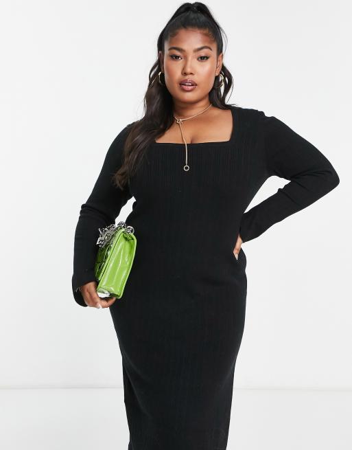 ASOS DESIGN Curve - Gebreide midi jurk met vierkante hals in zwart , 4 van 4