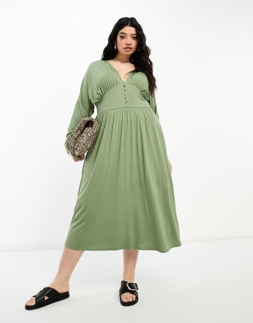 ASOS DESIGN Curve – Geknöpftes Freizeitkleid in Khaki mit langen Flügelärmeln
