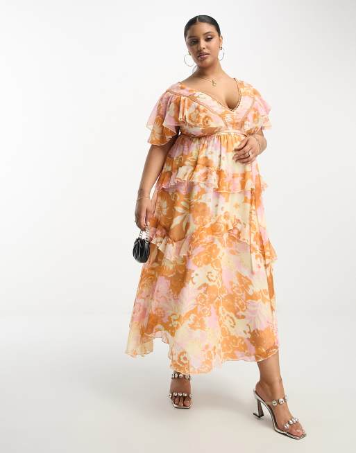 ASOS DESIGN Curve - Gelaagde midi jurk met kanten inzetstuk en open achterkant in zomerse bloemenprint