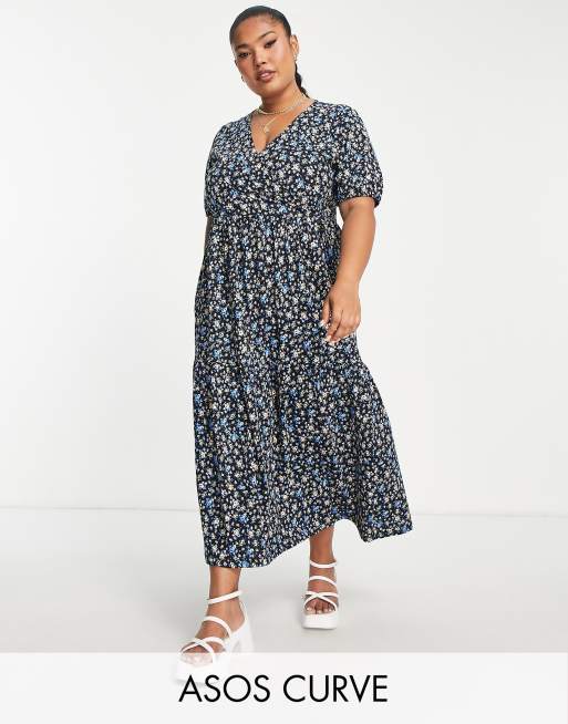 ASOS DESIGN Curve - Gelaagde midi-jurk met overslag, pofmouwen en bloemenprint in zwart