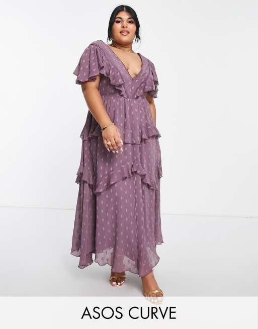 ASOS DESIGN Curve - Gelaagde midi jurk van dobbystof met kanten inzetstukken en open achterkant in mauve