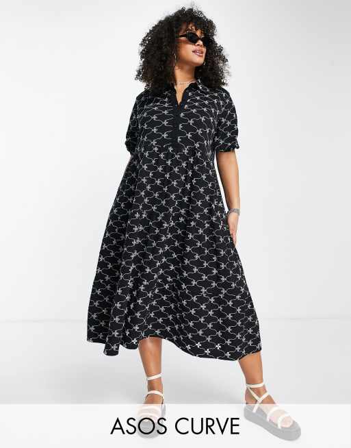 ASOS DESIGN Curve - Gelaagde midi-overhemdjurk met korte mouwen en broderie in zwart en wit contrast