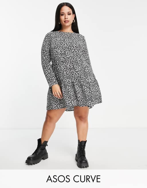 ASOS DESIGN Curve - Gelaagde midi-smockjurk met lange mouwen in zwart-witte dierenprint