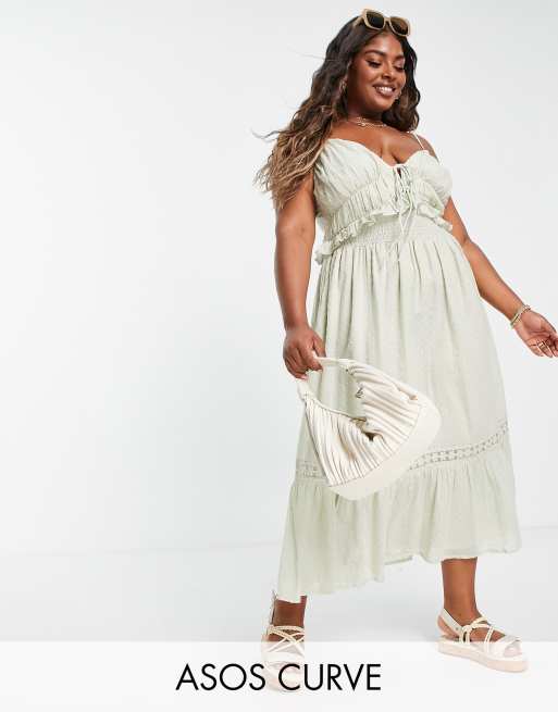 ASOS DESIGN Curve – Genopptes Midi-Sommerkleid in Salbeigrün mit geraffter Taille und Spitzeneinsatz
