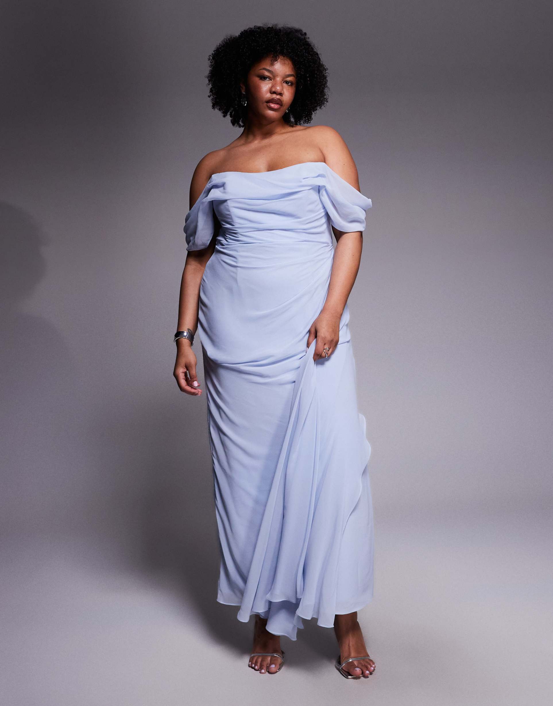asos design curve georgette bardot bridesmaids dress in blue
