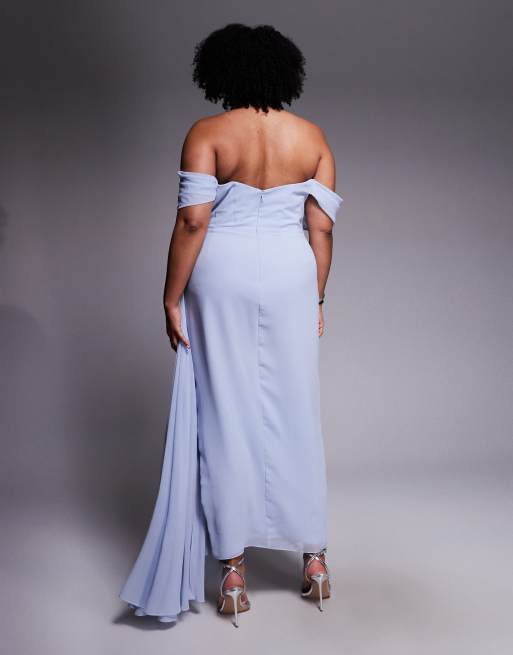 ASOS DESIGN Curve georgette bardot bridesmaids dress in blue, 2 of 4