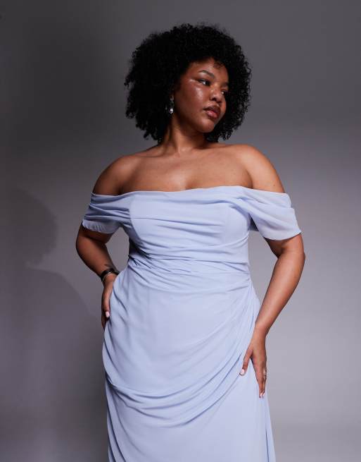 ASOS DESIGN Curve georgette bardot bridesmaids dress in blue, 4 of 4