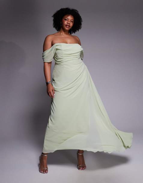 ASOS DESIGN Curve georgette bardot bridesmaids dress in sage green - view 1