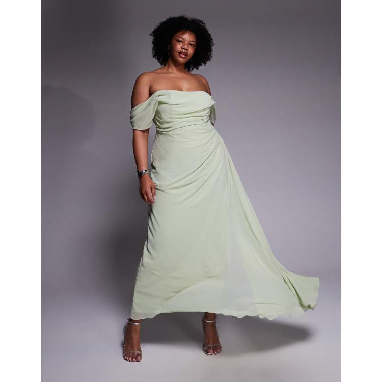Plus Size Sage Green Dress For Wedding ASOS DESIGN Curve Georgette Bardot  Bridesmaids Dress In Sage