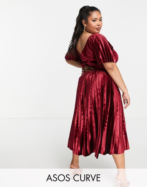 ASOS DESIGN Curve - Geplooid midi jurk met gedraaide achterkant en empirelijn in rood