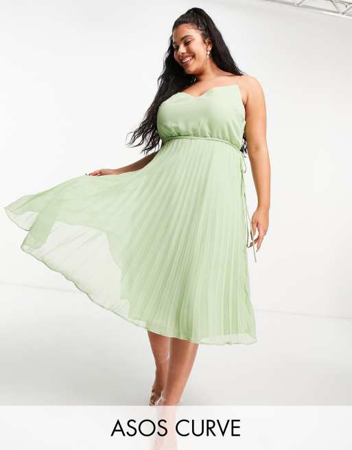 ASOS DESIGN Curve - Geplooide cami midi jurk met trekkoord in de taille in saliegroen