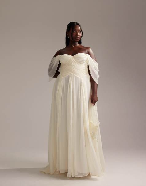 ASOS DESIGN Curve - Geplooide lange trouwjurk met korsetlijfje en gedrapeerde mouwen in ivoorwit - view 1