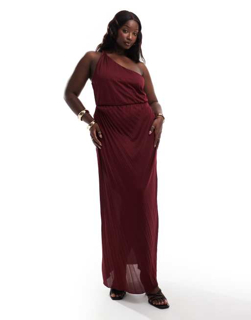 ASOS DESIGN Curve - Geplooide maxi jurk met één blote en één gedraaide schouder in bessenrood