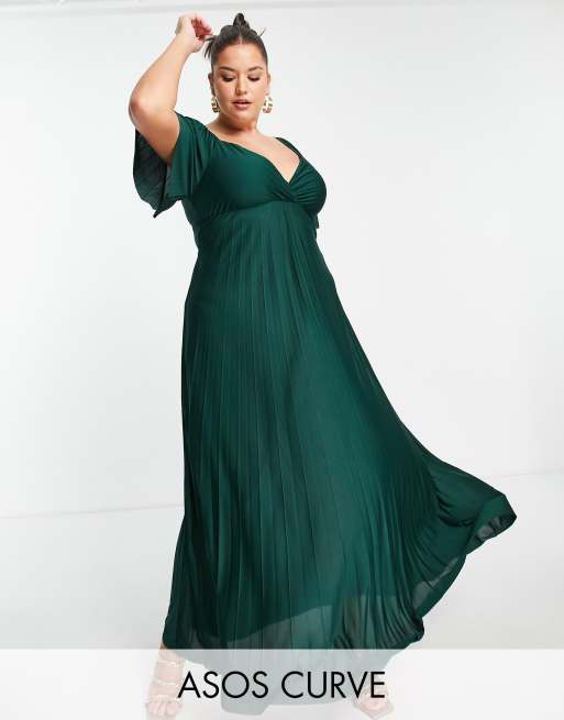ASOS DESIGN Curve - Geplooide maxi jurk met gedraaide achterkant en kapmouwen in groen
